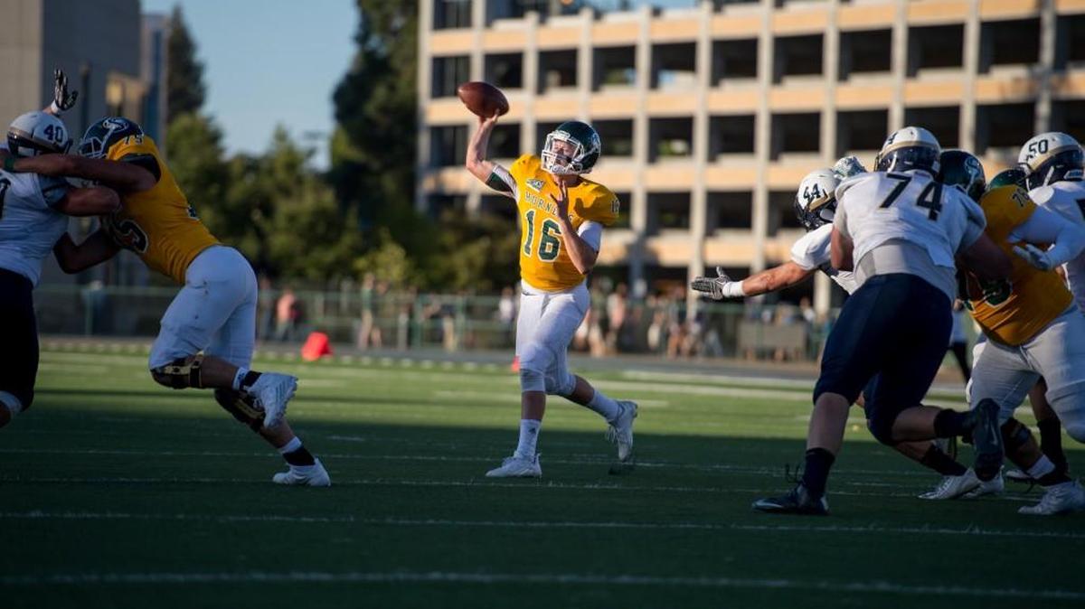 
Sacramento State Hornets quarterback Daniel Kniffin (16) threw for 282 passing yards and two touchdowns against Eastern Oregon University on Sept. 5 in Sacramento, Calif. 
