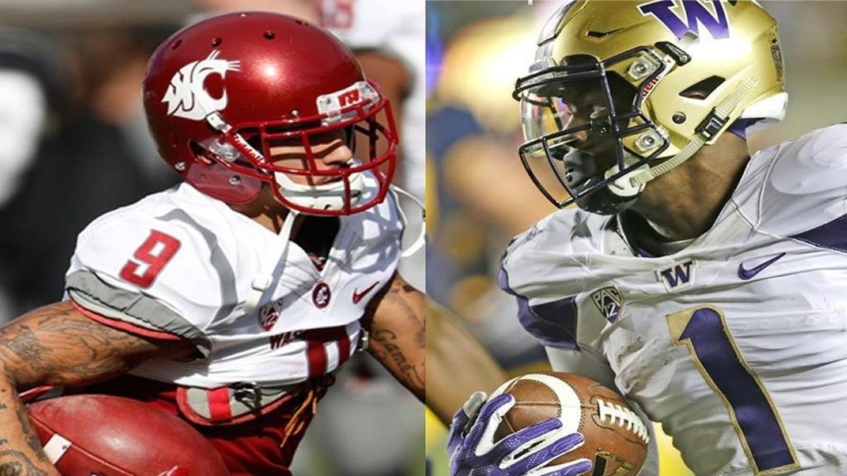 Talented wide receivers Gabe Marks of WSU, left, and John Ross of UW, right, will be ones to watch in the Apple Cup rivalry game this Friday.