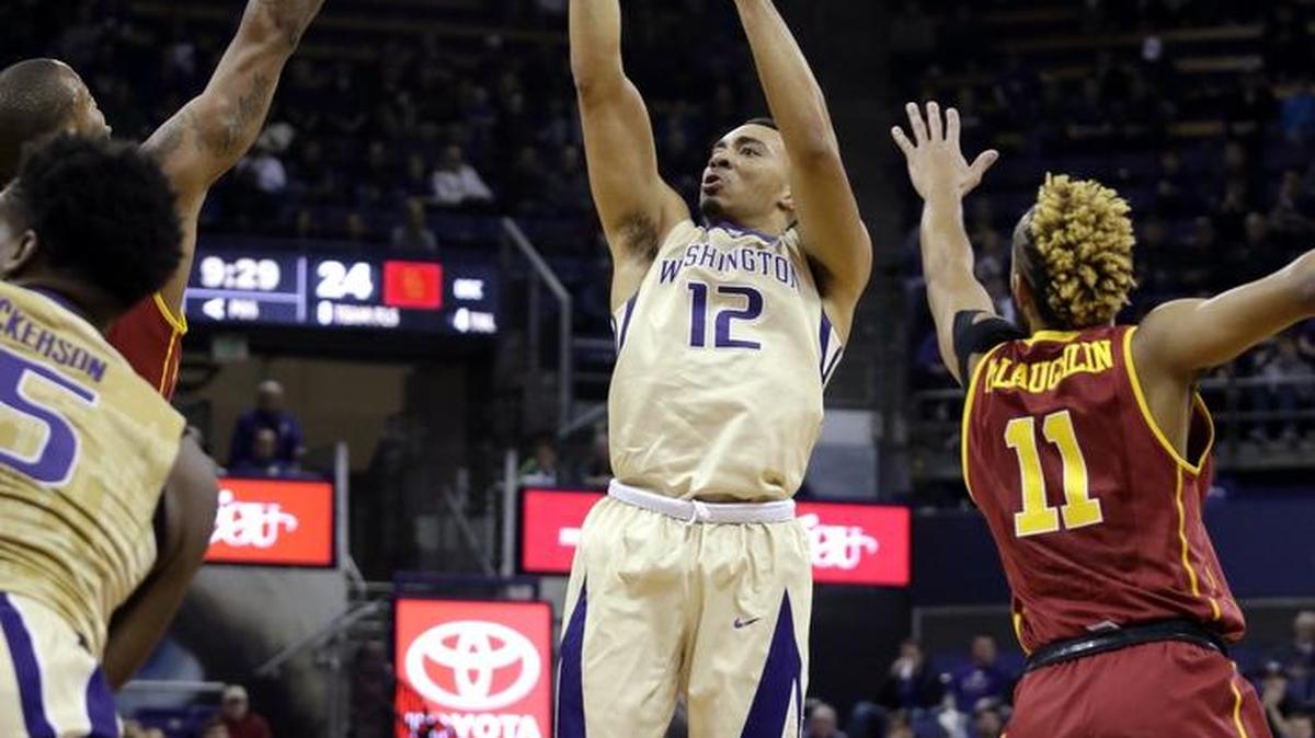 Washington's Andrew Andrews (12) scored a combined 59 points in a Huskies sweep of UCLA and USC this week.