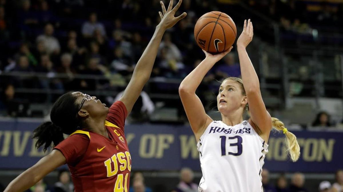 Washington’s Katie Collier, shooting over USC’s Temi Fagbenle, leads the Huskies in blocked shots, is fourth in scoring and third in rebounding.