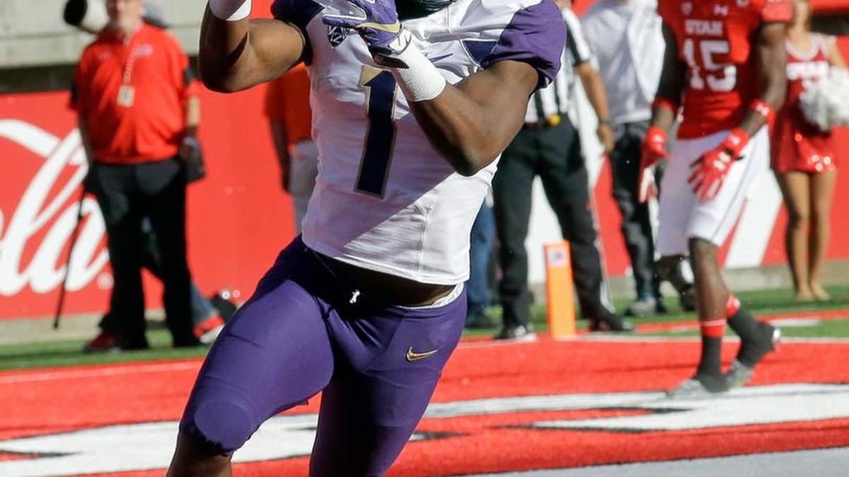 With two touchdown catches against Utah, UW receiver John Ross (1) has 11 this season. That ties him for third with Reggie Williams (2002) on UW’s single-season TD list.