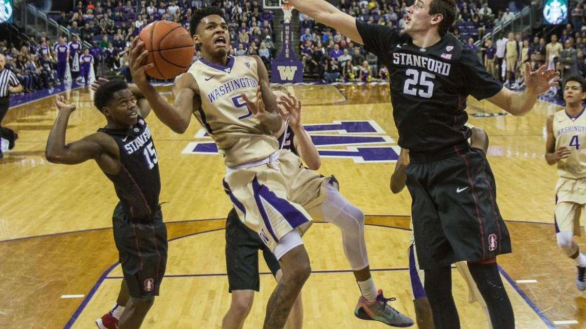 Washington’s Dejounte Murray slides into the lane and collects the bucket against Stanford in the first half og the Huskies’ 64-53 win against the Cardinal on Feb. 20.