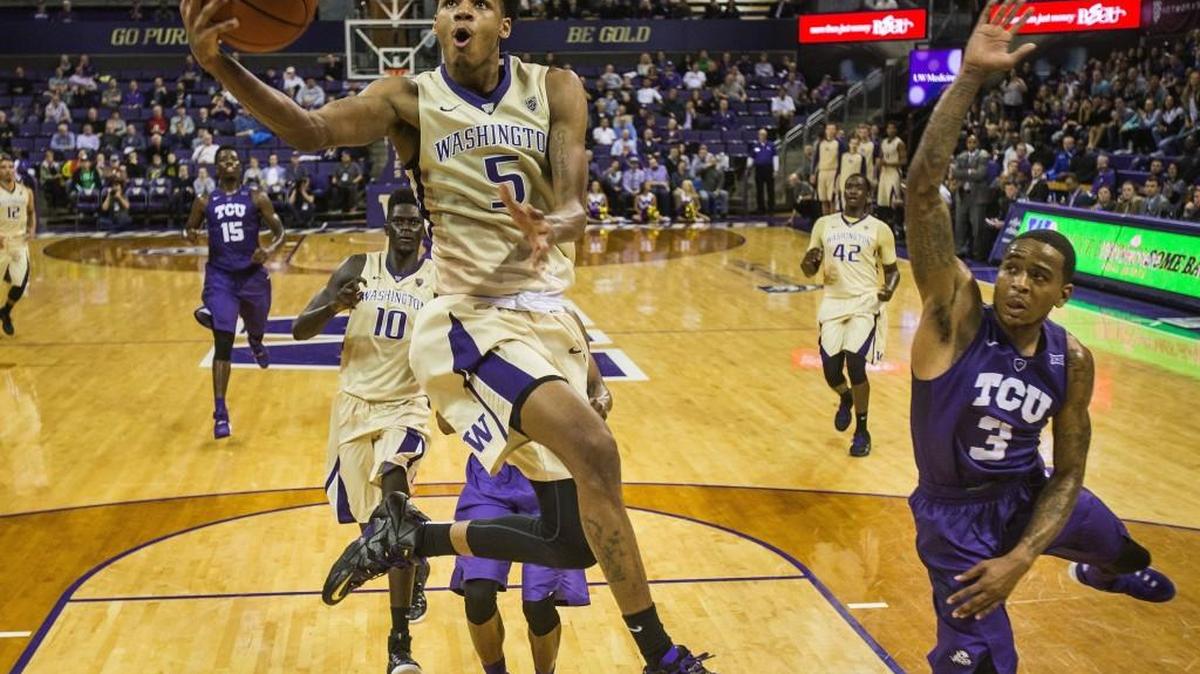 Washington’s Dejounte Murray (5) and six other freshmen will get their first taste of a hostile road atmosphere Saturday when the Huskies visit Washington State.