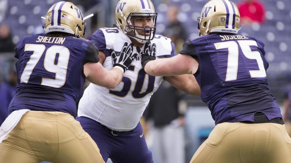 Defensive tackle Vita Vea will be in mini-camp with the Tampa Buccaneers after he was taken in the first round. Center Coleman Shelton, pictured left, signed a free agent deal with the Seahawks where he'll be paired with tight end Will Dissly.