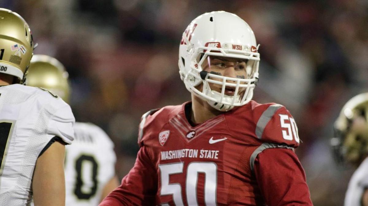 Washington State defensive end Hercules Mata’afa (50) broke in on the Cougars’ defensive line as a 230-pounder last season as a redshirt freshman. He made up for his lack of size with his athleticism and is now up to 255 pounds.