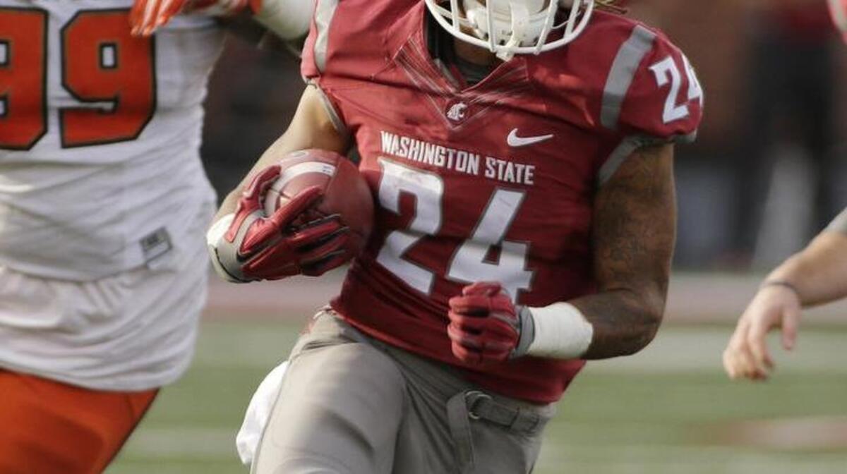WSU’s Keith Harrington (24) runs upfield as Oregon State defensive tackle Kyle Peko (99) chases in 2015.
