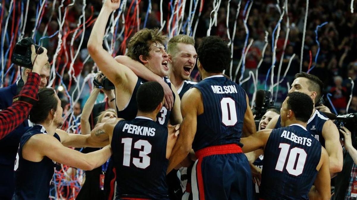 Tournament MVP Gonzaga forward Kyle Wiltjer, top left, celebrates Tuesday with teammates after defeating Saint Mary’s for the West Coast Conference men’s tournament championship in Las Vegas. Gonzaga won 85-75.