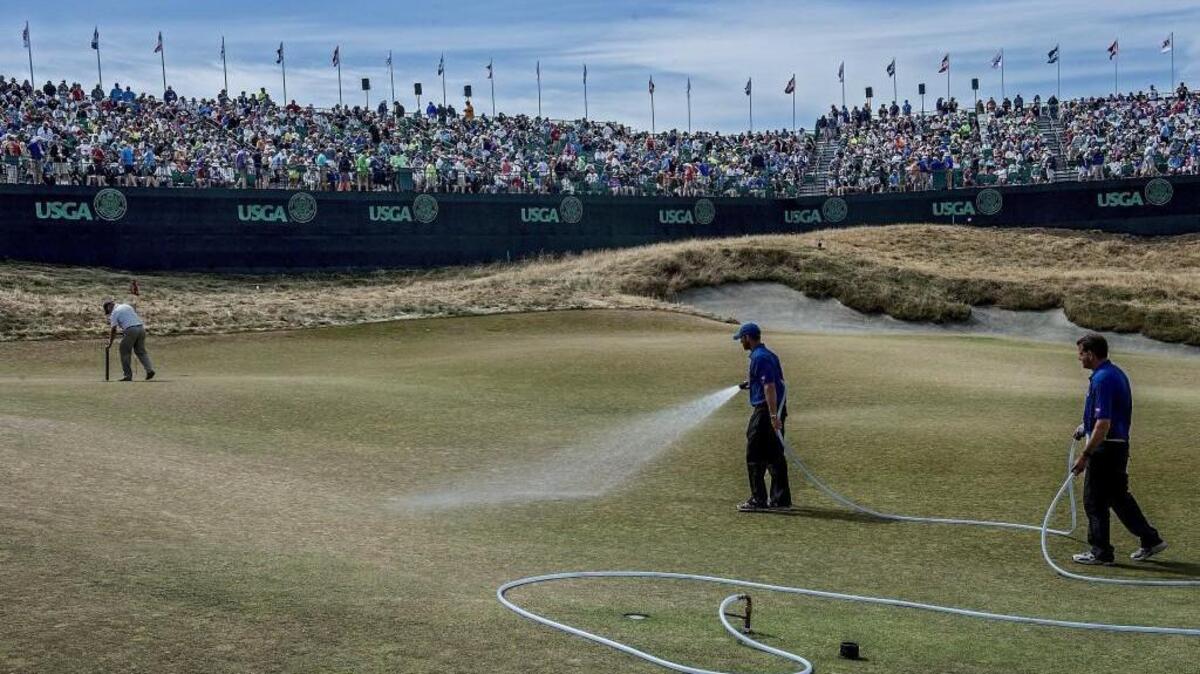 Grounds crew water the 18th green in the morning of the fourth day of the tournament at the 115th U.S. Open at Chambers Bay. The condition of the greens was a huge complaint by the golfers.