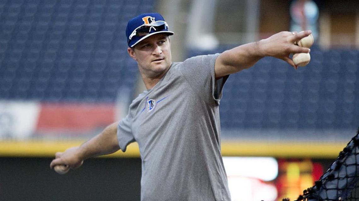 Durham Bulls manager Jared Sandberg throws batting practice in April. Sandberg, a Capital High School graduate, will be one of the International League All-Star Team coaches in the Triple-A All-Star game on Wednesday at Cheney Stadium in Tacoma.