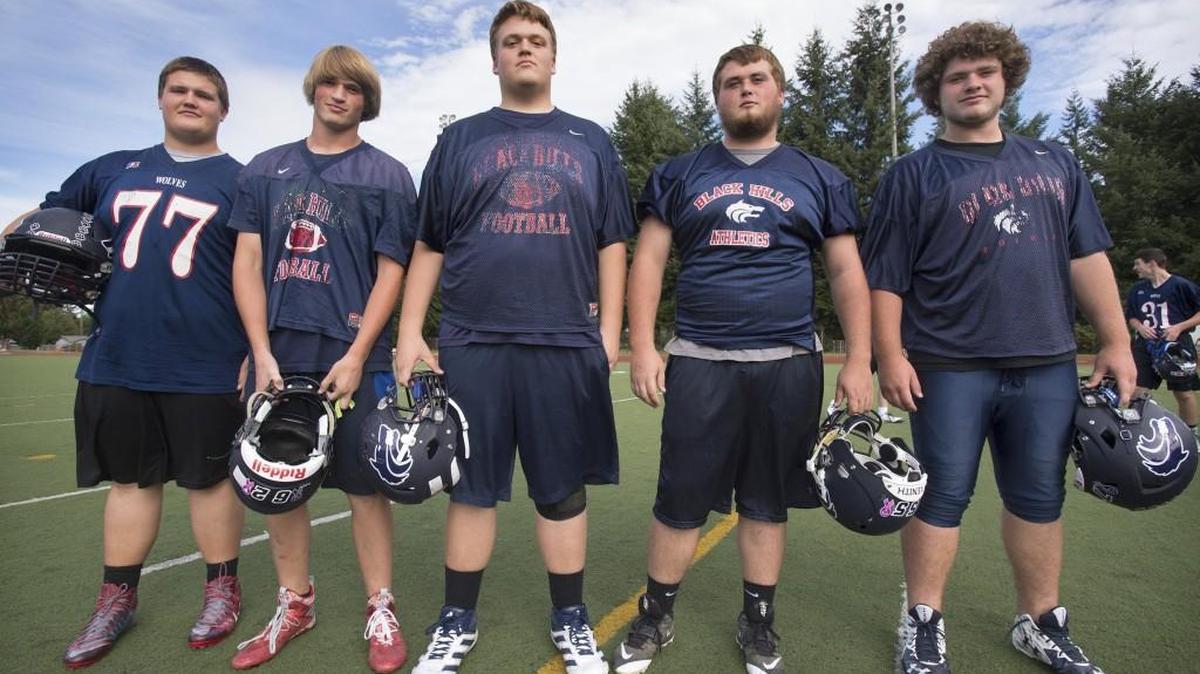 
The Black Hills offensive linemen — (from left) Cooper Kerlee, Justin Gudaz, Jacob Noonan, Tanner Ivie and Austen Daisa — anchor a strong running game. In their first three games, the Wolves have rushed for 11 touchdowns and allowed only three sacks. 
