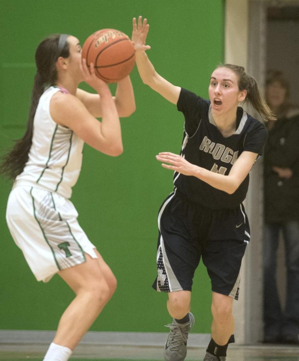 River Ridge's Caitlin Yenne defends during a girls basketball game at Tumwater High School on Dec. 30, 2016.