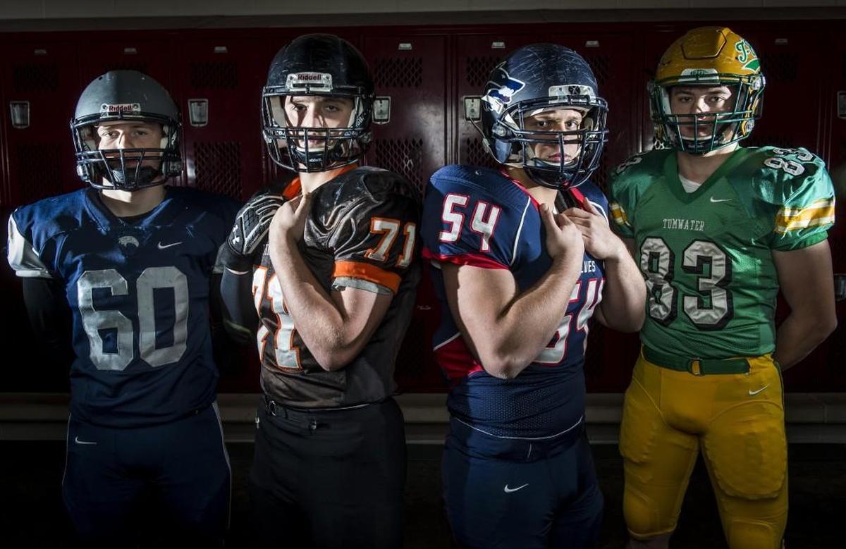 From left: River Ridge’s Griffin Adams, Rainier’s Easton Holmes, Black Hills’ James Tobin and Tumwater’s Aiden Slater.