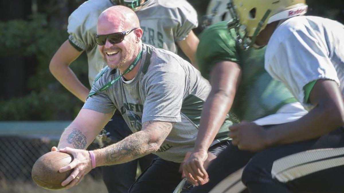 Timberline coach Nick Mullen is back leading the Blazers, shown during preseason football practice at Timberline High School in Lacey on Tuesday, Aug. 22, 2017.