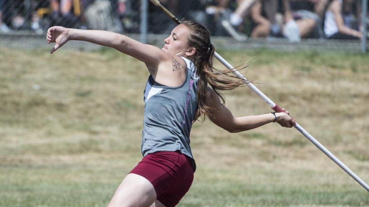 W.F. West senior Kendra Bottenberg competes in the 2A girls javelin at the track and field state championships at Mount Tahoma High School on Friday, May 25, 2018. She won the event with a mark of 139-11.