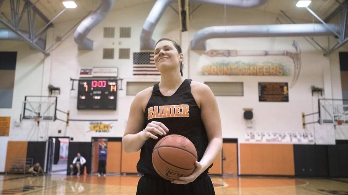 Rainier senior Peyton Dungan during basketball practice at Rainier High School. Dungan averages 15.2 points and 18.1 rebounds per game for the Mountaineers.