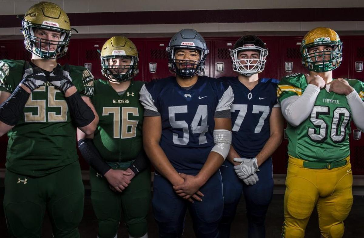 From left: Timberline’s Conner Warick, Timberline’s Chase Bowes, River Ridge’s Mike Faaitu, Olympia’s Logan Wood and Tumwater’s Cy Hicks.