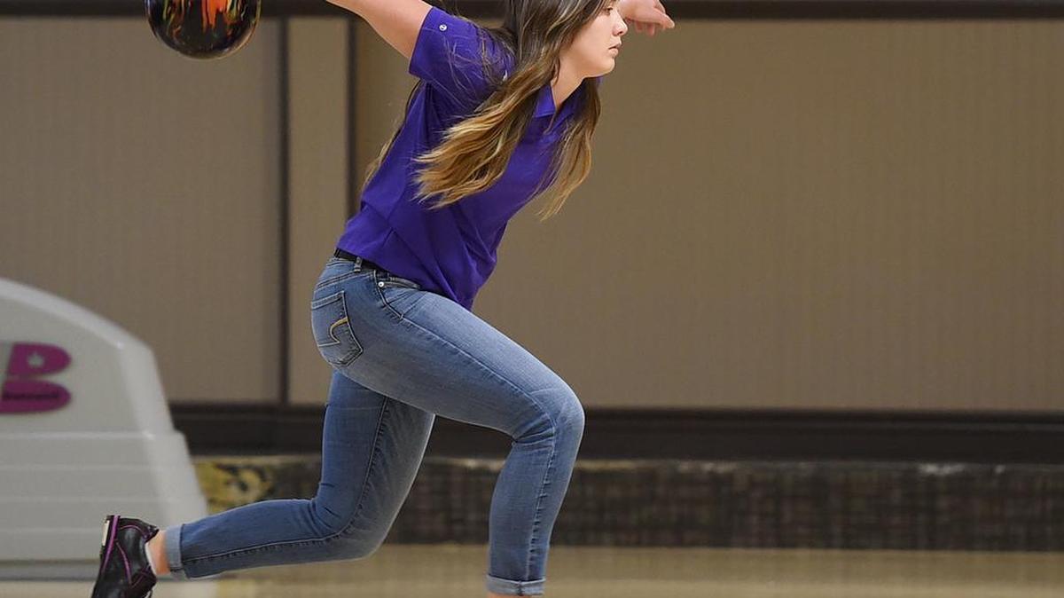 North Thurston’s Larissa Sharwark practices Thursday at Aztec Lanes. Sharwark, a senior, will compete in her second state bowling tournament on Friday.