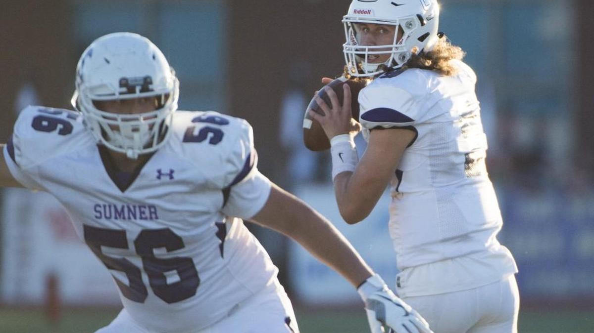 Sumner's Luke Ross looks to pass while Jacob Montano blocks in the first quarter. Sumner beat Bonney Lake in the season opener and is now ranked No. 2 in Class 4A in the state by The News Tribune.