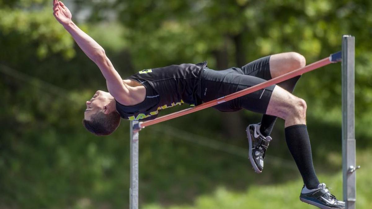 Brandon Swanson of Emerald Ridge fails to clear at 6 feet, 6 inches, but he was successful at 6-4 to win the boys high jump.