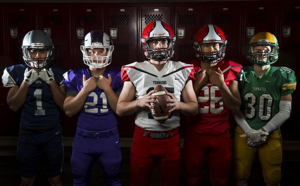 From left: River Ridge’s Tomasi Manu, North Thurston's Zion Kirk, Yelm’s Kyle Robinson, Yelm’s James Palmer and Tumwater’s Dylan Paine.