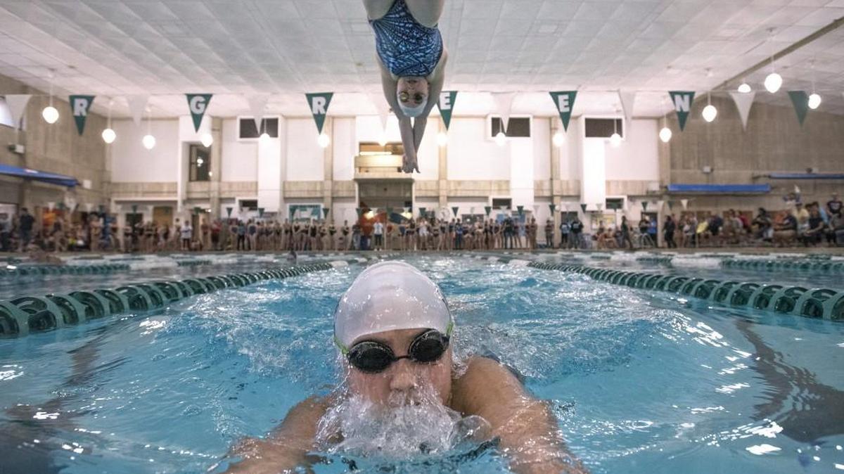 
Olympia's Emma Song completes the breast stroke leg of the 400-yard medley relay as teammate Ally Norman takes off on the butterfly leg en route to the fastest time of the day along with teammates Michelle Yan (backstroke) and Maya Hansen-Tilkens (freestyle) at the South Sound Swim Relays at The Evergreen State College pool in Olympia on Saturday, Oct. 3, 2015.
