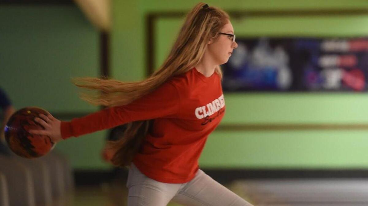 Shelton’s Kaylee Schilter throws as the Highclimbers prepare for the 3A state tournament on Monday, Jan. 29, 2018 at the Westside Lanes in Olympia.