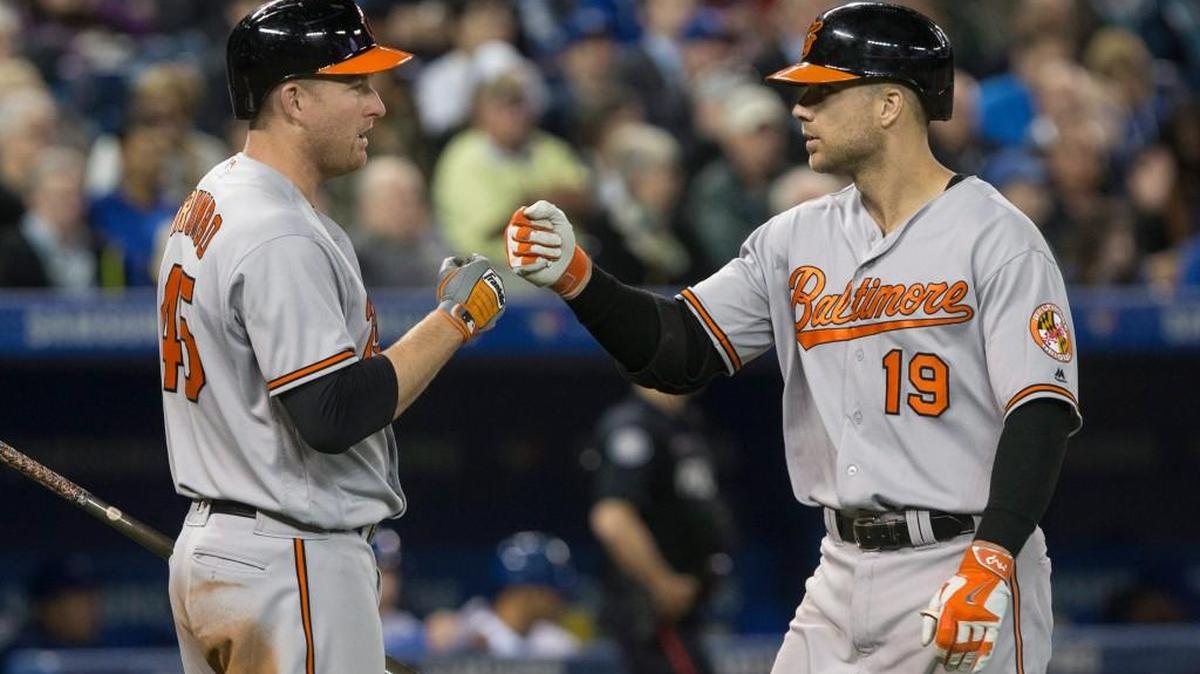Baltimore’s Chris Davis, right, celebrates with Mark Trumbo after hitting a game-tying solo home run against Toronto on Thursday. The Orioles won 6-5.