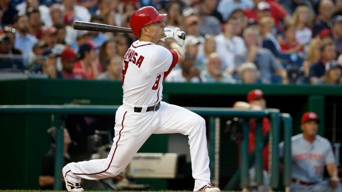 The Nationals’ Danny Espinosa watches his grand slam off Reds starter Brandon Finnegan on Thursday. Espinosa hit two homers and drove in seven runs for the game.