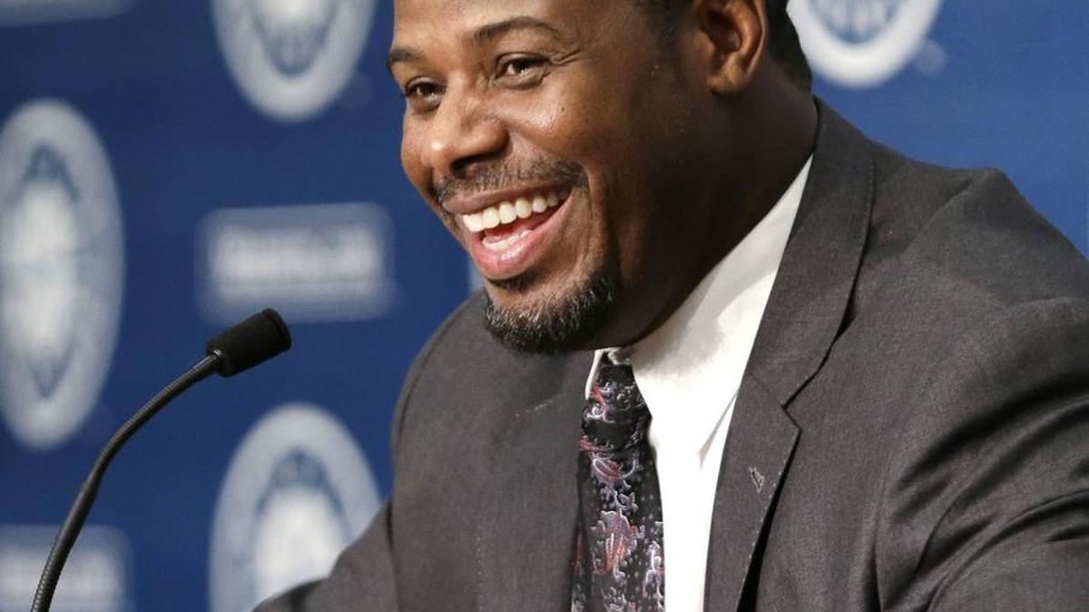 Former Mariners centerfielder Ken Griffey Jr. speaks at a news conference following a luncheon in his honor Aug. 9, 2013.