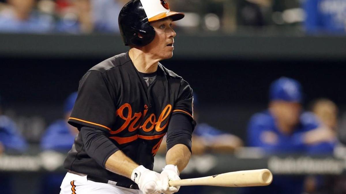 Baltimore’s Steve Clevenger watches his grand slam against the Kansas City Royals on Sept. 11. The Mariners are looking to trade Mark Trumbo for Clevenger.