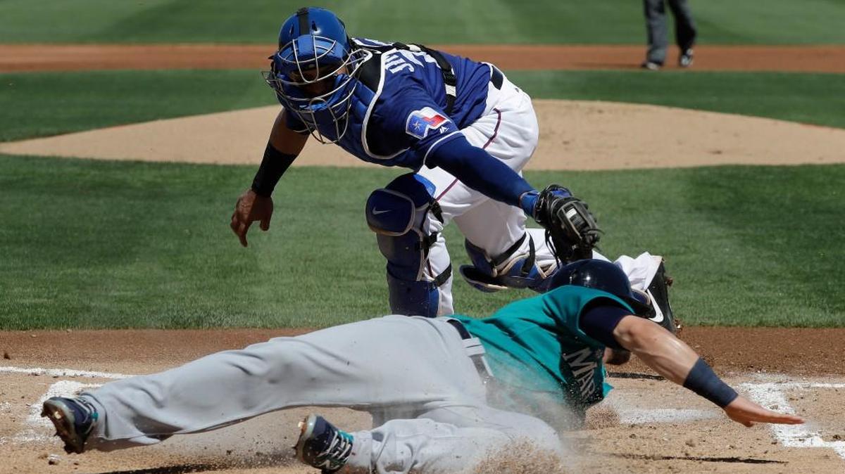 Mitch Haniger was tagged out at the plate by Texas catcher A.J. Jimenez for the final out in the first inning. Haniger tried to score from second on an infield single.