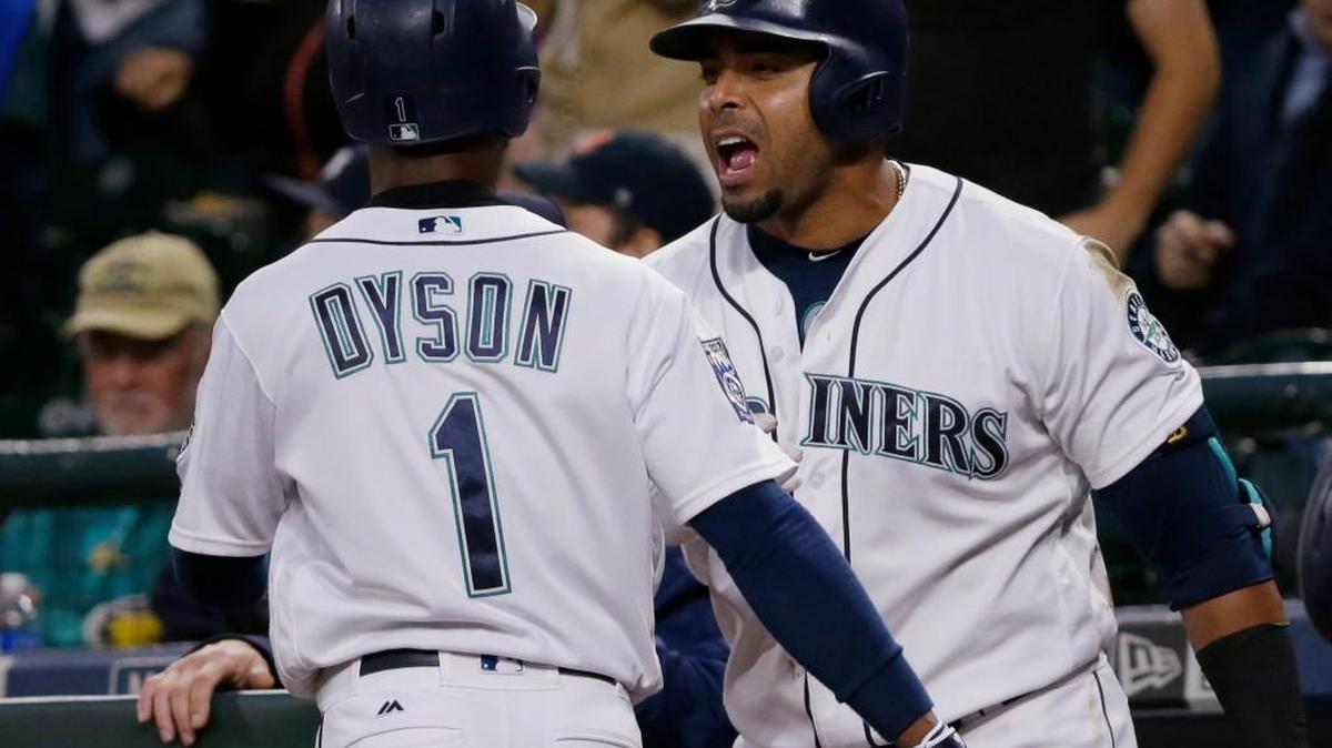 Jarrod Dyson started the Mariners’ comeback with a bunt single and was greeted at the plate by Nelson Cruz after scoring their first run.