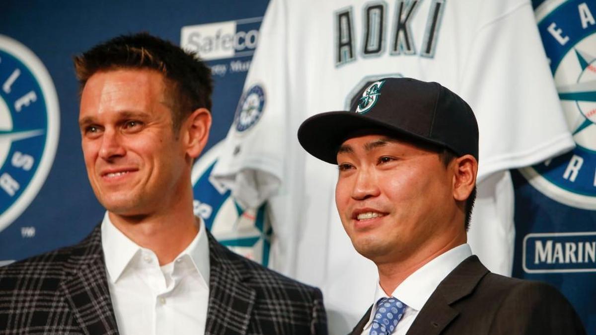 Outfielder Nori Aoki (right) is one of 17 new faces on the Mariners’ 40-man roster (so far) in what has been a busy off-season under new general manager Jerry Dipoto.