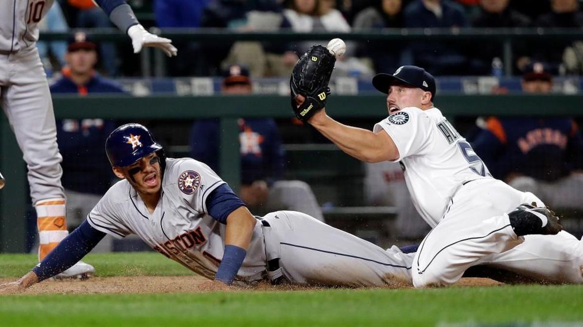 Reliever Dan Altavilla couldn’t hold onto the ball Wednesday on a play at the plate in the seventh inning. There might be no better image from the Mariners’ 10-5 loss to Houston.