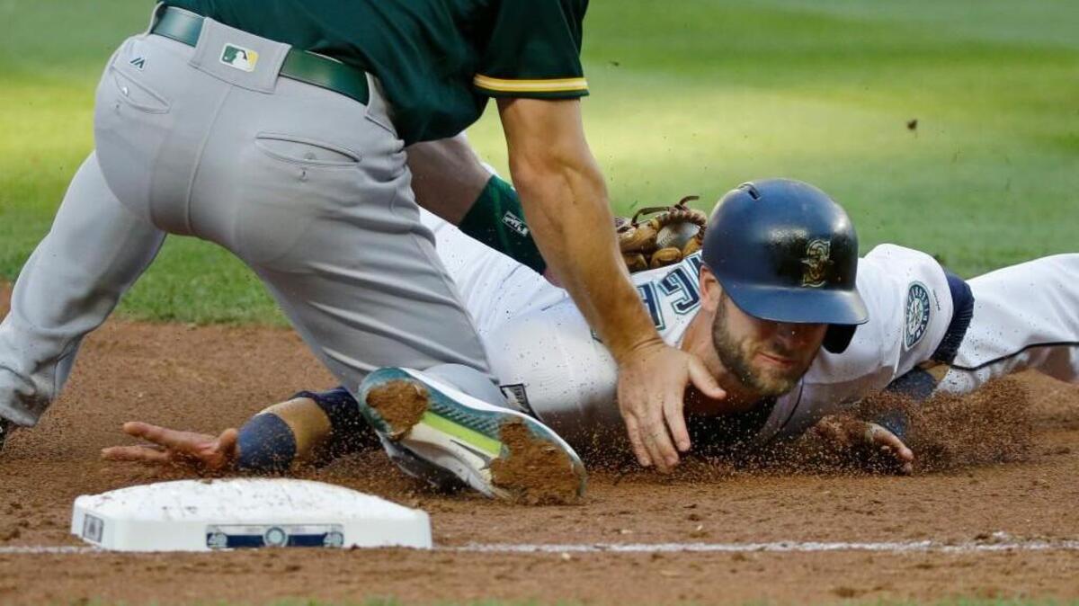 Mitch Haniger was thrown out at third base in the third inning while trying to advance on a fly ball to center field.