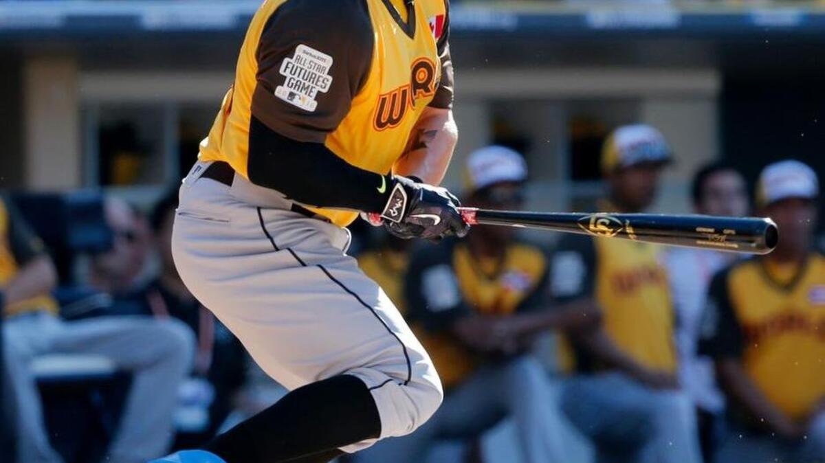 Outfielder Tyler O’Neill, shown here in the All-Star Futures Game, is the Mariners’ minor-league hitter of the year.