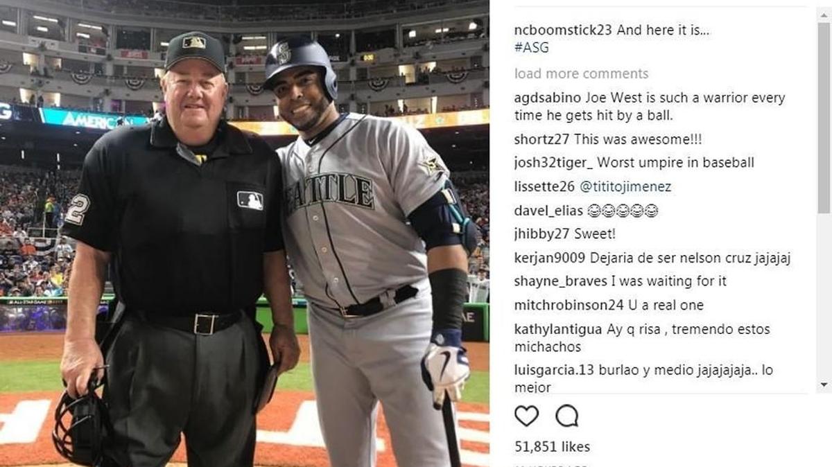 Seattle Mariner Nelson Cruz stopped Tuesday’s All-Star game to have St. Louis Cardinals catcher Yadier Molina take a picture of him with umpire Joe West. Judging by reactions on Twitter, fans seemed to be entertained by the moment. After the game, Cruz posted the image on Instagram.