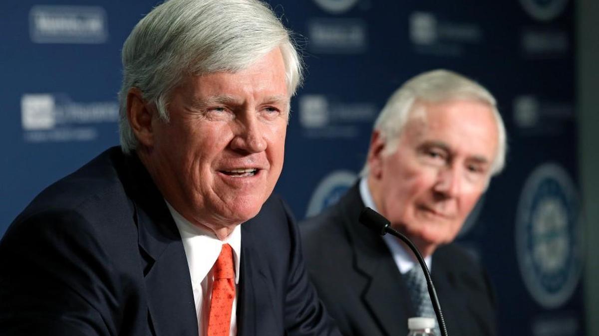 John Stanton (left) will replace Howard Lincoln as the Mariners’ chairman, chief executive officer and designated representative to Major League Baseball in an ownership transition announced Wednesday in a news conference at Safeco Field.