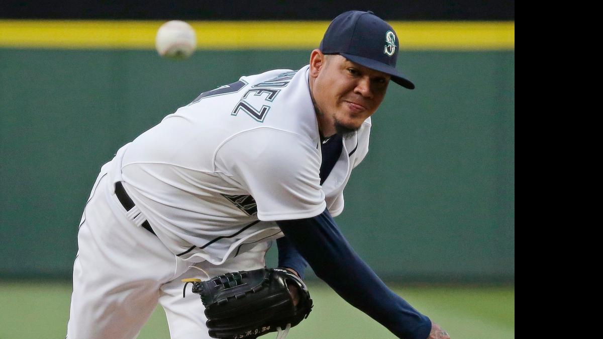 
Seattle Mariners starting pitcher Felix Hernandez throws to a Los Angeles Angels batter during the fourth inning of a baseball game, Thursday, July 9, 2015, in Seattle. 
