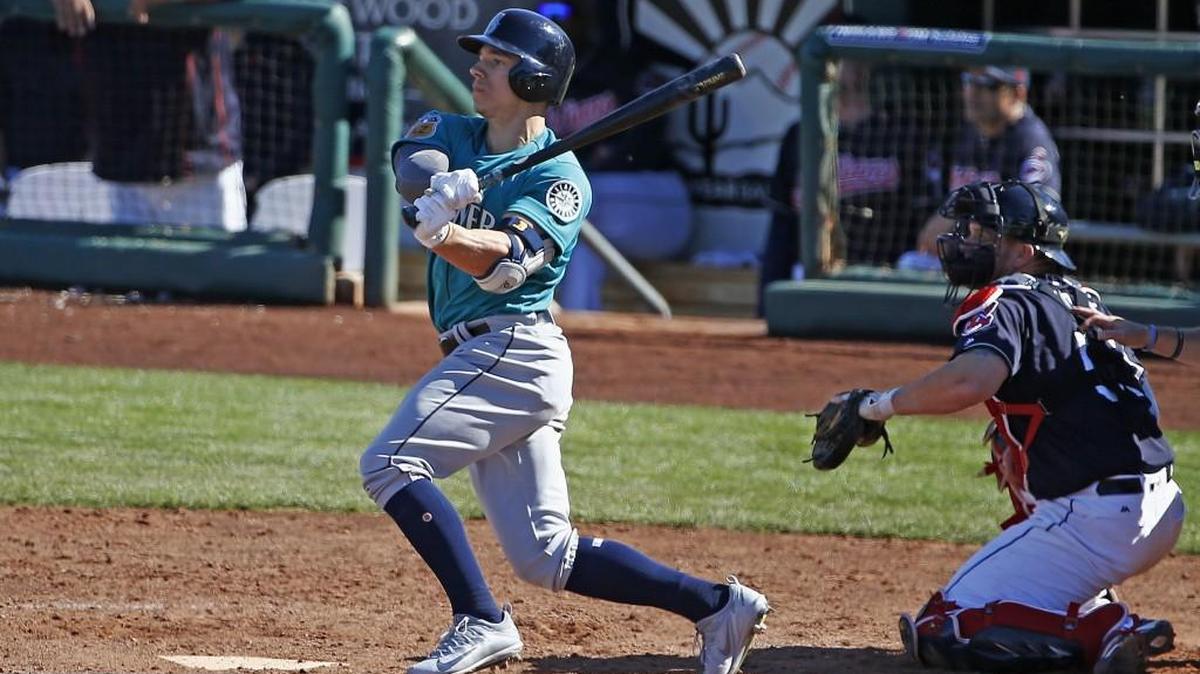 Mariners prospect Tyler O'Neill, shown hitting a double in spring training, has picked it up after a slow start to the Triple-A season. In his last four games entering Tuesday night, he’s hit three home runs.