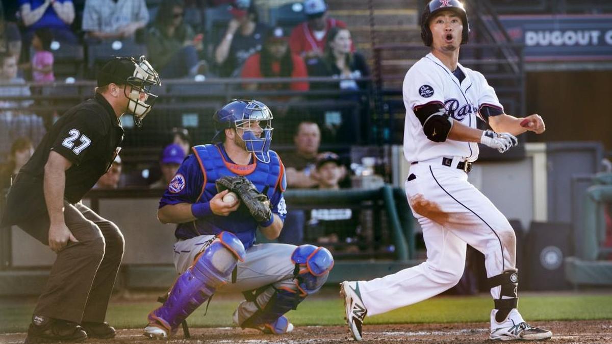 Rainiers outfielder Nori Aoki reacts with alarm as he watches his bat fly into the crowd along the first base line in the third inning Thursday at Cheney Stadium. No one was injured, and the bat was returned. Aoki was recently sent down to Triple-A Tacoma from the Mariners to sharpen his approach at the plate.Las Vegas defeated the Rainiers, 7-3, behind homers from Redmond High School graduate Michael Conforto, Kevin Plawecki and Johnny Monell. Story on 6B
