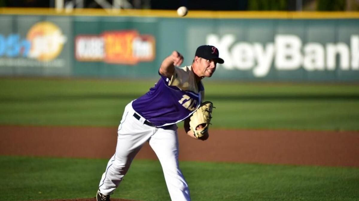 Tacoma Rainiers pitcher Sam Gaviglio, an Oregon State alum, donned a UW-themed purple and gold Rainiers jersey as part of the Rainiers’ “Paint the Park Purple” promotion night. Gaviglio threw 7 2/3 scoreless innings, but he and fellow OSU alums Daniel Robertson, Stefen Romero, Kraig Sitton and Tyler Smith weren’t thrilled about the threads.