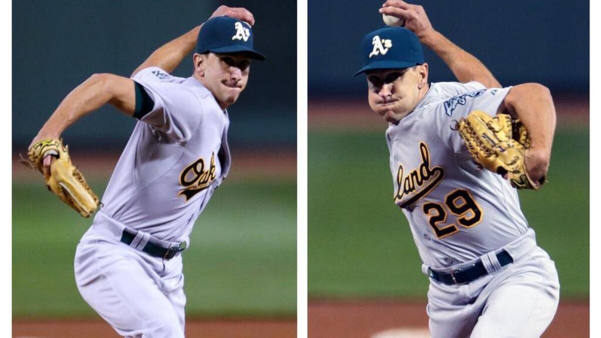 In this two image combination, Oakland relief pitcher Pat Venditte (29) delivers with his left and right hand to separate Boston batters June 5, 2015.