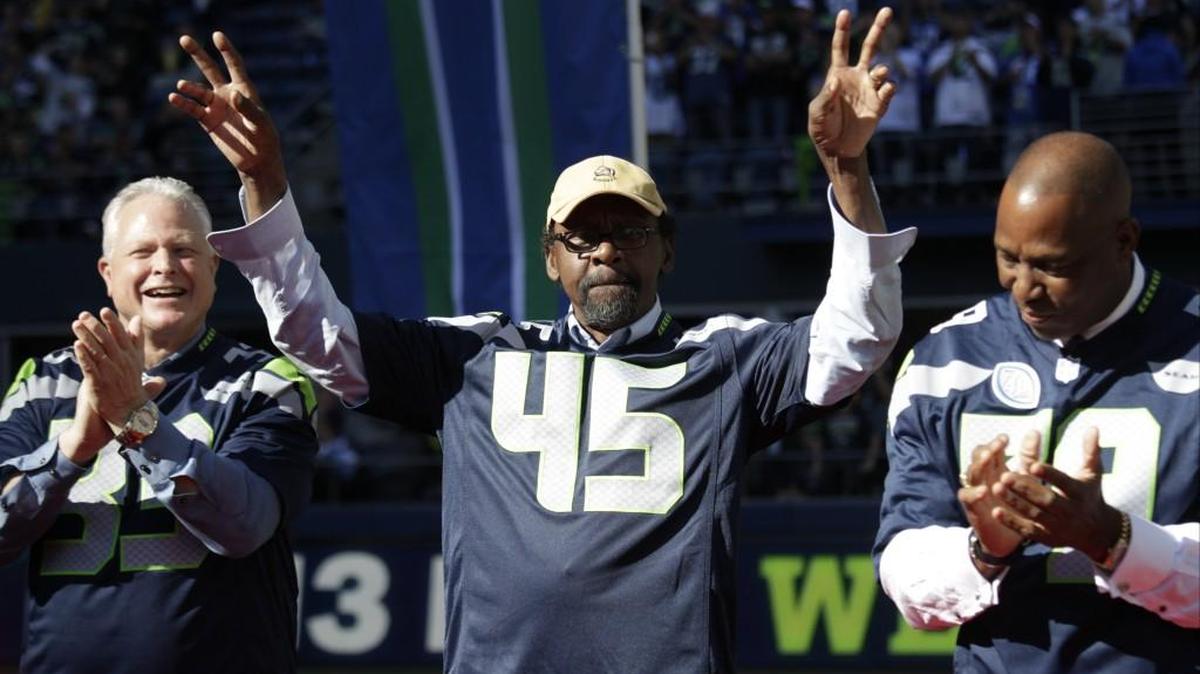 Former Seahawks safety Kenny Easley (45) is recognized during a halftime celebration of the 40th anniversary of the team. Easley is part of a seven-man class heading into the Pro Football Hall of Fame this year, it was announced Saturday.