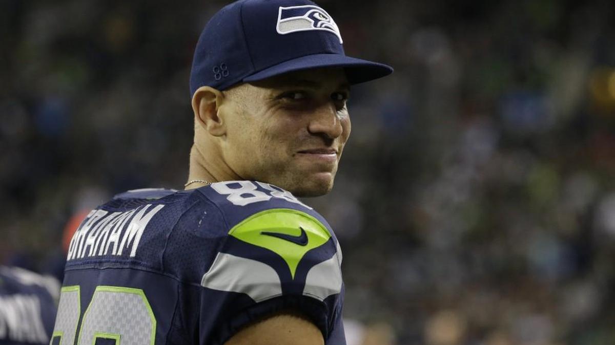 
Seattle Seahawks tight end Jimmy Graham stands on the sideline in the second half of a preseason NFL football game against the Oakland Raiders, Thursday, Sept. 3, 2015, in Seattle.
