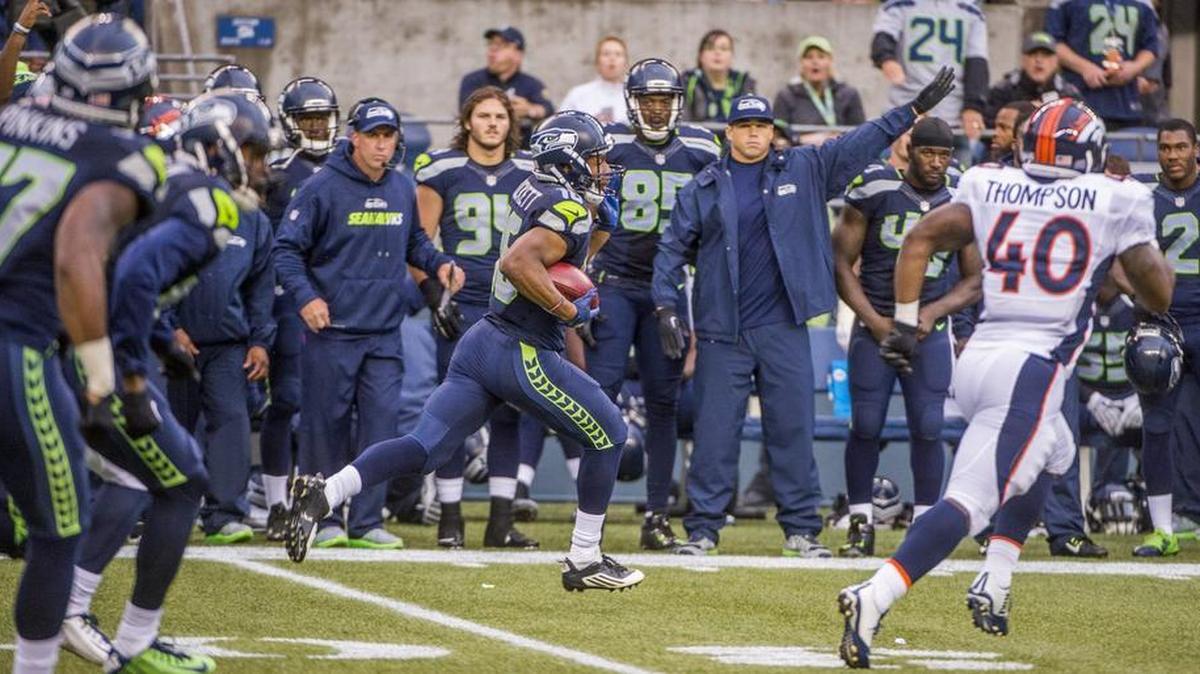 
Seahawks wide receiver Tyler Lockett runs a kickoff return for the length of the field for a TD in the second quarter of an NFL preseason football game between Seattle and Denver at Century Link Field in Seattle, August 14, 2015.

