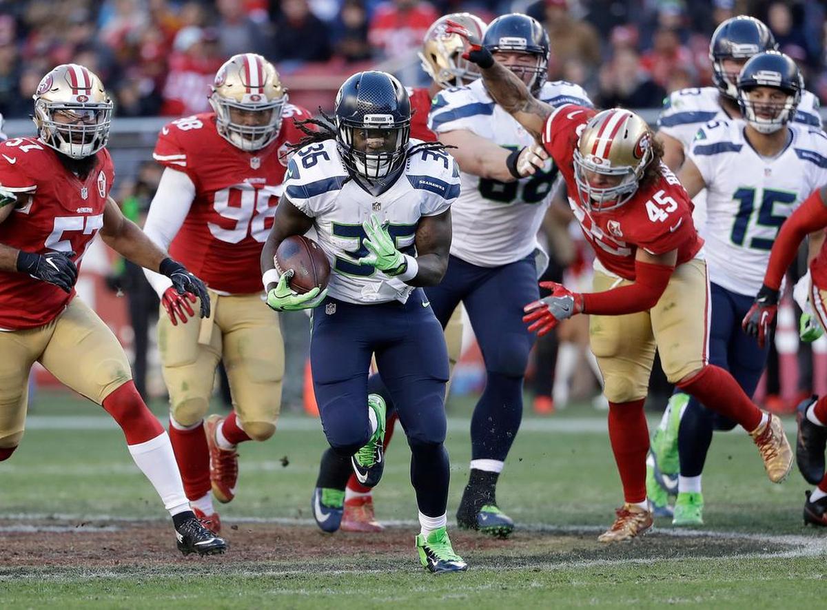 Rookie running back Alex Collins (36) came on to lead the Seahawks in rushing Sunday, gaining 55 yards on seven carries in the regular-season finale against the 49ers.