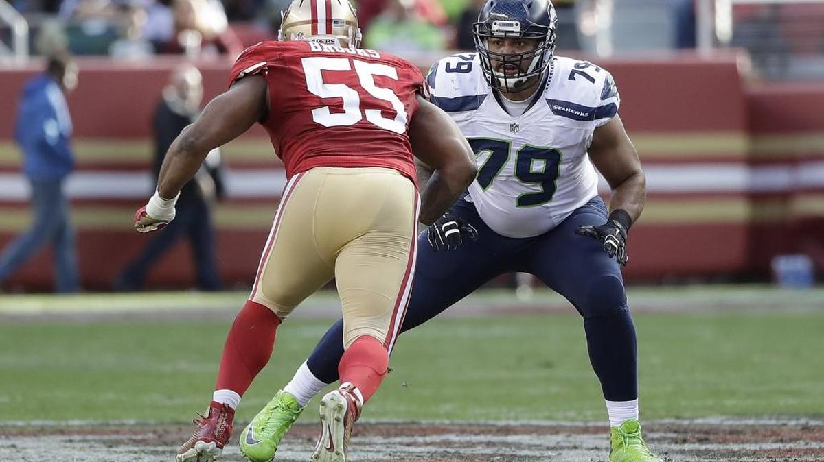 Seattle Seahawks tackle Garry Gilliam (79) has allowed two defensive pressures on quarterback Russell Wilson in his past three starts.