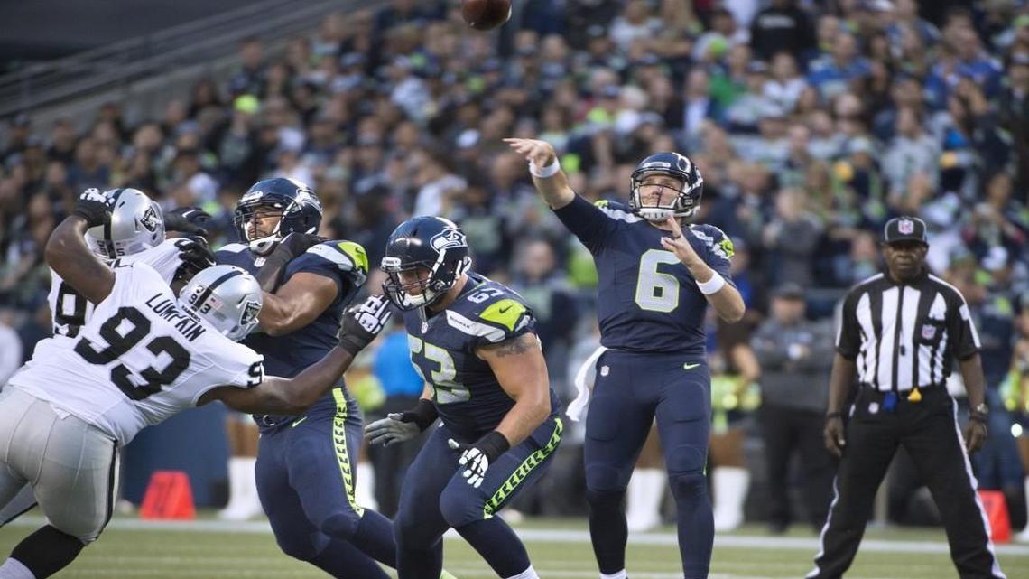 
Seahawks backup quarterback R.J. Archer throws a pass Thursday during the team’s final exhibition game. Archer was 5 of 10 for 43 yards in the victory.
