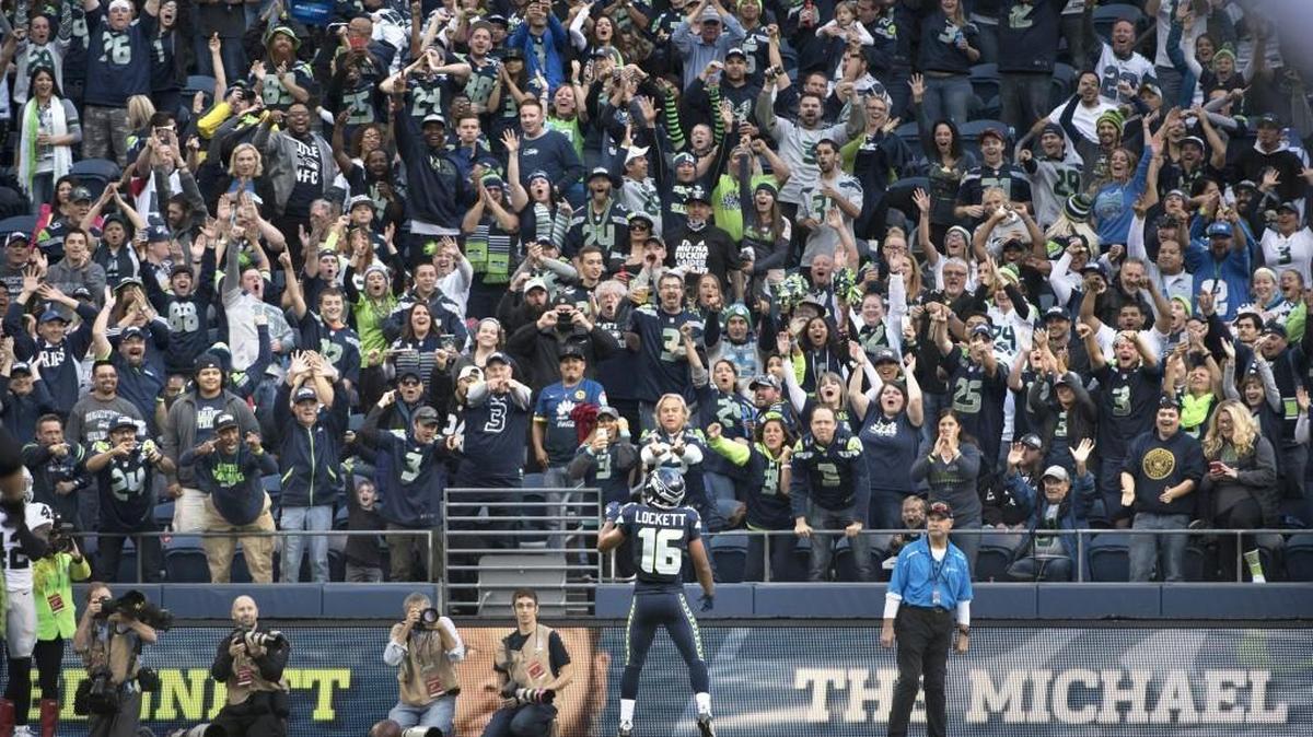 
Seahawks rookie Tyler Lockett celebrates after scoring on a 63-yard touchdown catch against the Oakland Raiders at CenturyLink Field on Thursday.
